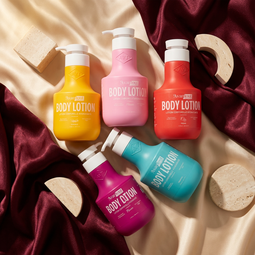Cinq flacons de body lotion Avantout disposés à plat